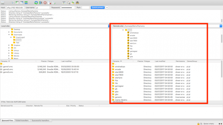 retropie ssh filezilla